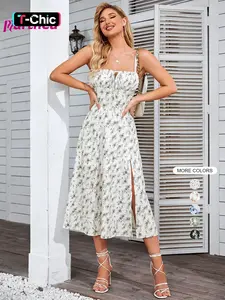 Parthea Women's Floral Print Ruched Split Thigh Dress, Elegant Boho Casual Bohemian Sleeveless Midi Dress for Summer, Casual Boho Style, Ladies Clothes for Beach Holiday, Womenswear