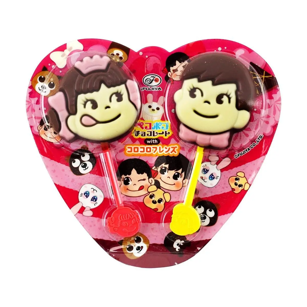 FUJIYA Peko Poko Chocolate Lollipop 2-Pack 24g - Fun Japanese Candy Snack, Random Color Surprise FUJIYA Peko Poko Chocolate Lollipop 2-Pack 24g - Fun Japanese Candy Snack, Random Color Surprise