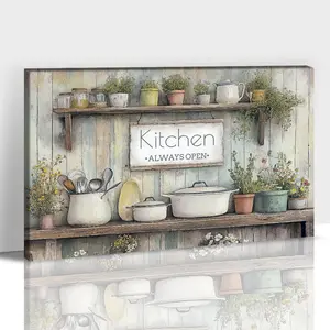 Kitchen Canvas Wall Art, Rustic Floral Pots Pans & Kitchen Always Open Painting Pictures for Home Wall Decor, Framed Country Still Life Landscape Prints Posters for Living Room Artwork