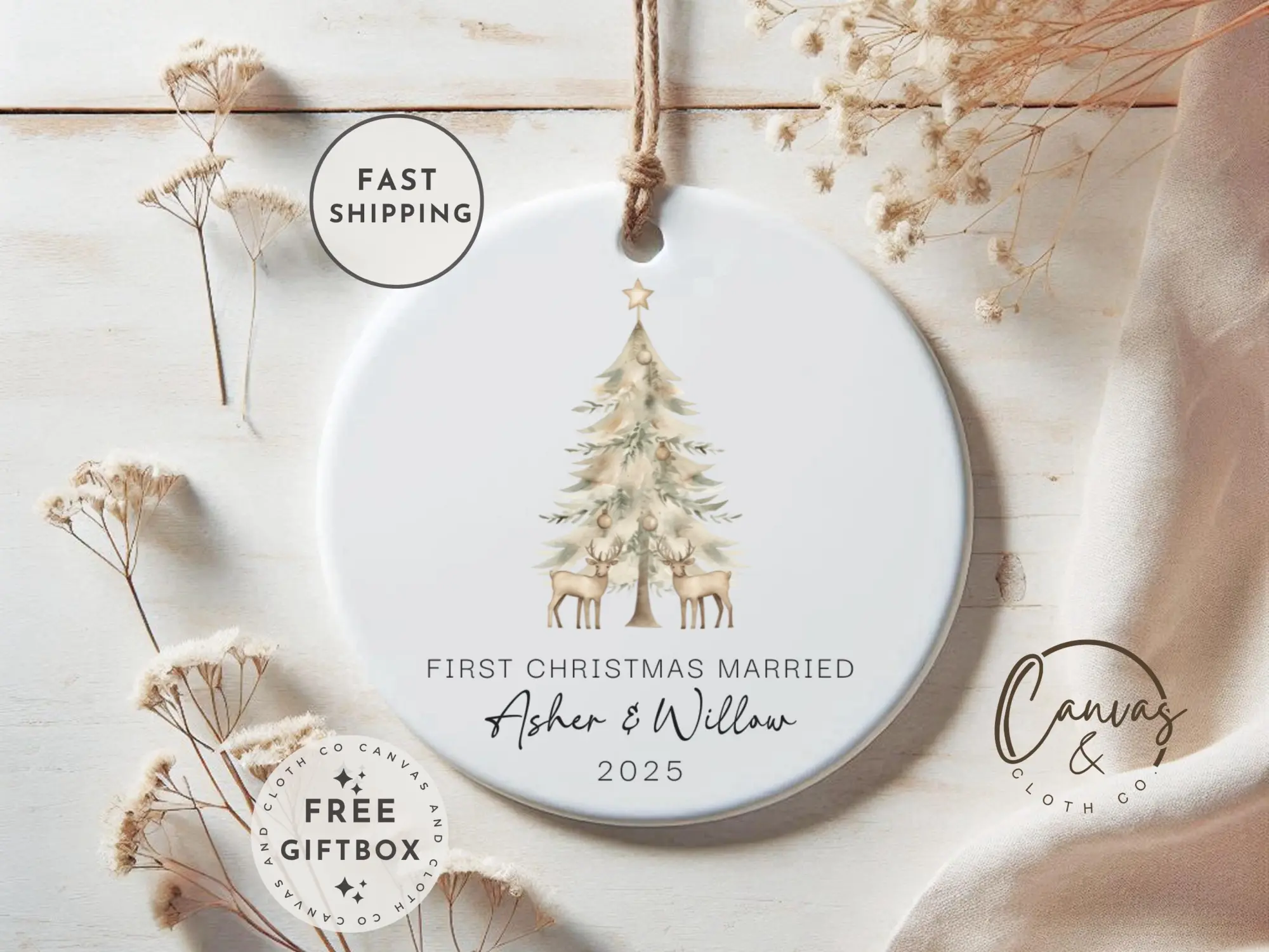 First Christmas Married Ornament 2025 - Personalized Script Married Christmas Ornament w/ Names and Date - Custom Christmas Married Ornament