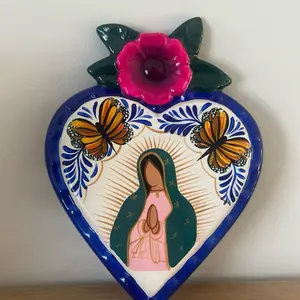 Ceramic Corazón con Flor/ Virgen de Guadalupe/ cerámica Mexicana/ monarch Talavera