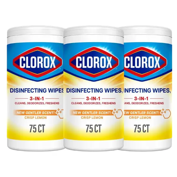 Clorox 75-Count Crisp Lemon Scent Bleach Free Disinfecting Cleaning Wipes, shoe cabinet, storage cabinet, kitchen counter, bathroom sink, bedroom nightstand, car seat, office desk, garage floor,basement wall,pet area,children's toys,bleach-free, disinfect