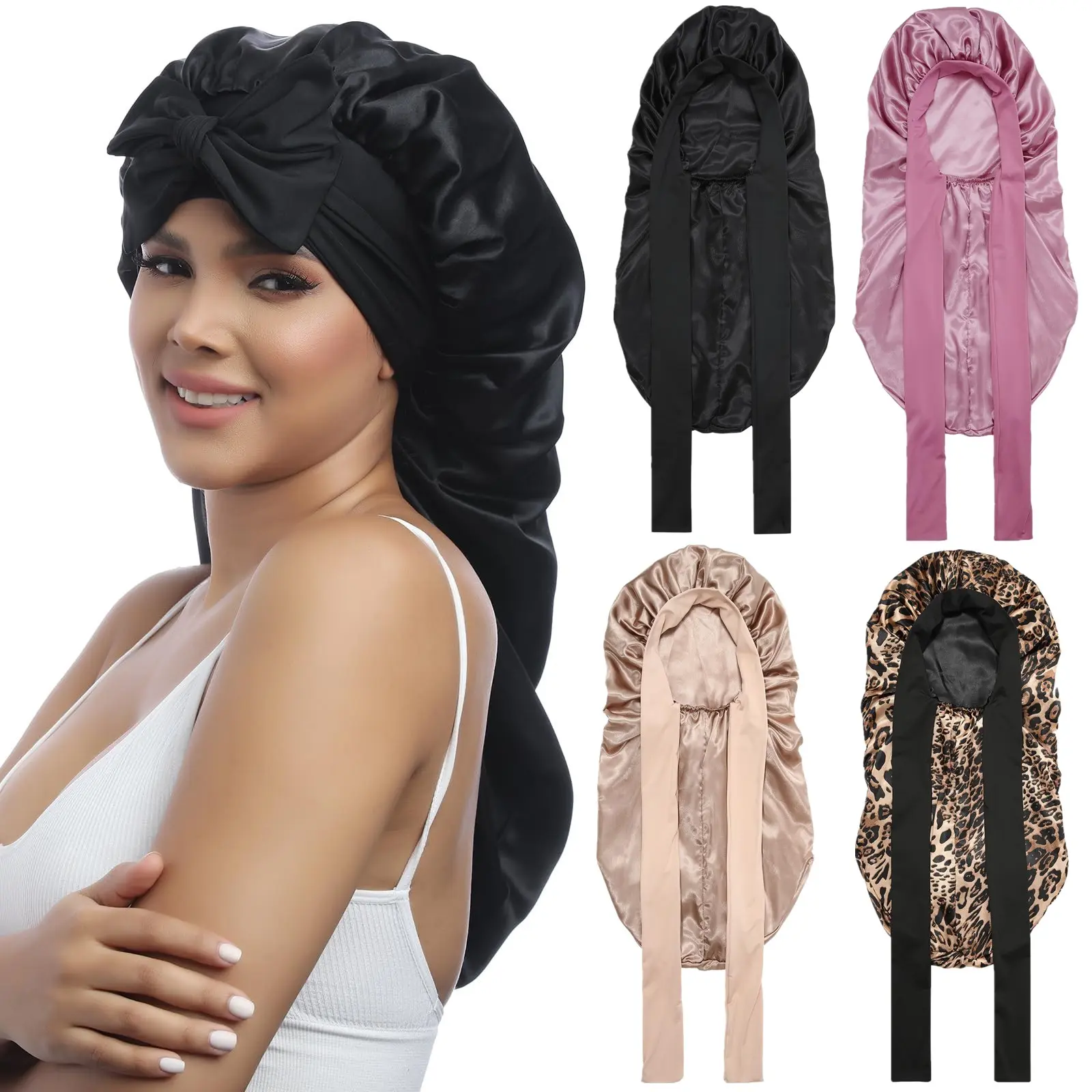 Extra Long Satin Bonnet for Women, Reversible Double-Layer Sleep Cap for Daily Use with an Adjustable Tie, Breathable Wrap for Braids & Curly Hair, Animal Print, Sleeping, Dry Hair Cap, Heatless, Haircare, Silk Like Bonnets, Nighttime Wear, Double Layer S