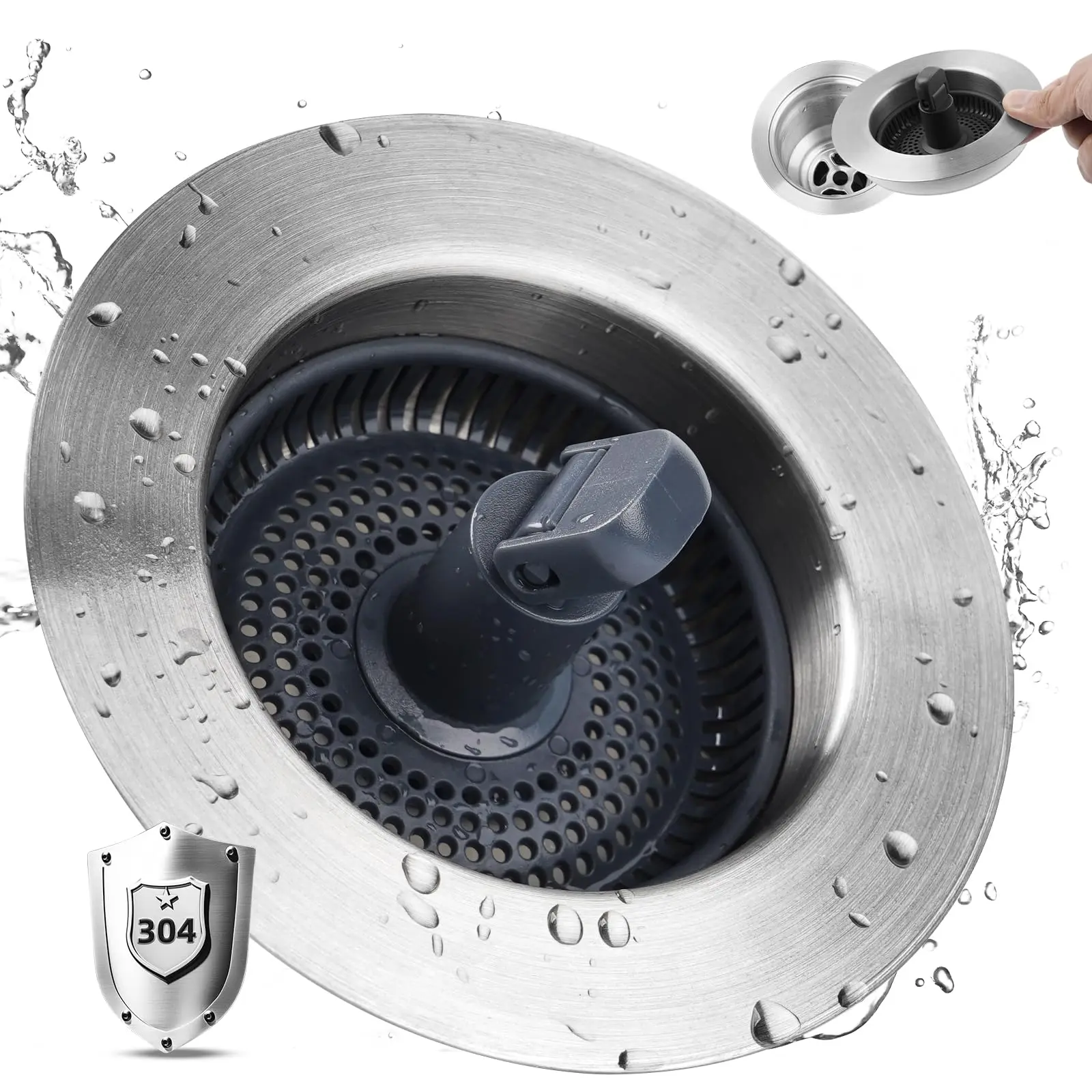 Upgraded 3-in-1 Stainless Steel Lift-Up Kitchen Sink Drain Filter Plug Kit - Non-Clogging Basket Filter, Food Collector for 3-1/2 in Standard Kitchen Sinks, Shower Bath Tool, Drain Filter Kitchen Fixture Accessories