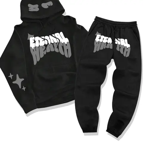 Men's Casual Hooded Sweatshirt Set, Fall & Winter Thick Fabric, Letter Print Design, Drawstring Jogger Pants, 2-Piece, Casual Lounge Set, Casual Outfit Set, Knit Clothing Sets