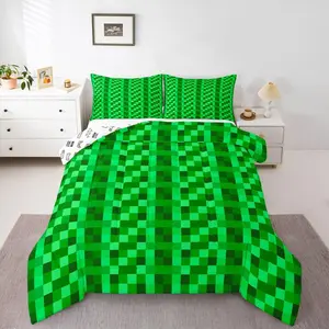 Miners Gamer Plaid Comforter Set,Pixelated Gaming Checkered Bedding Set,Abstract Green Grids Bedding Comforter Set,Video Game Quilt
