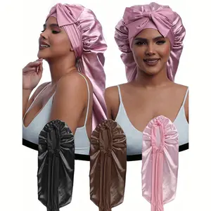 Women's Elastic Tie Band Long Satin Silk Bonnet Hair Cap ，Curly Hair Wrap Sleeping Cap ，Adjustable Large Silk Hair Wrap with Bow – for Curly/Coily Hair,  Long Hair, Braids, Dreadlocks, Curly Hair Prevents Frizz & Breakage (Pink black  brown)