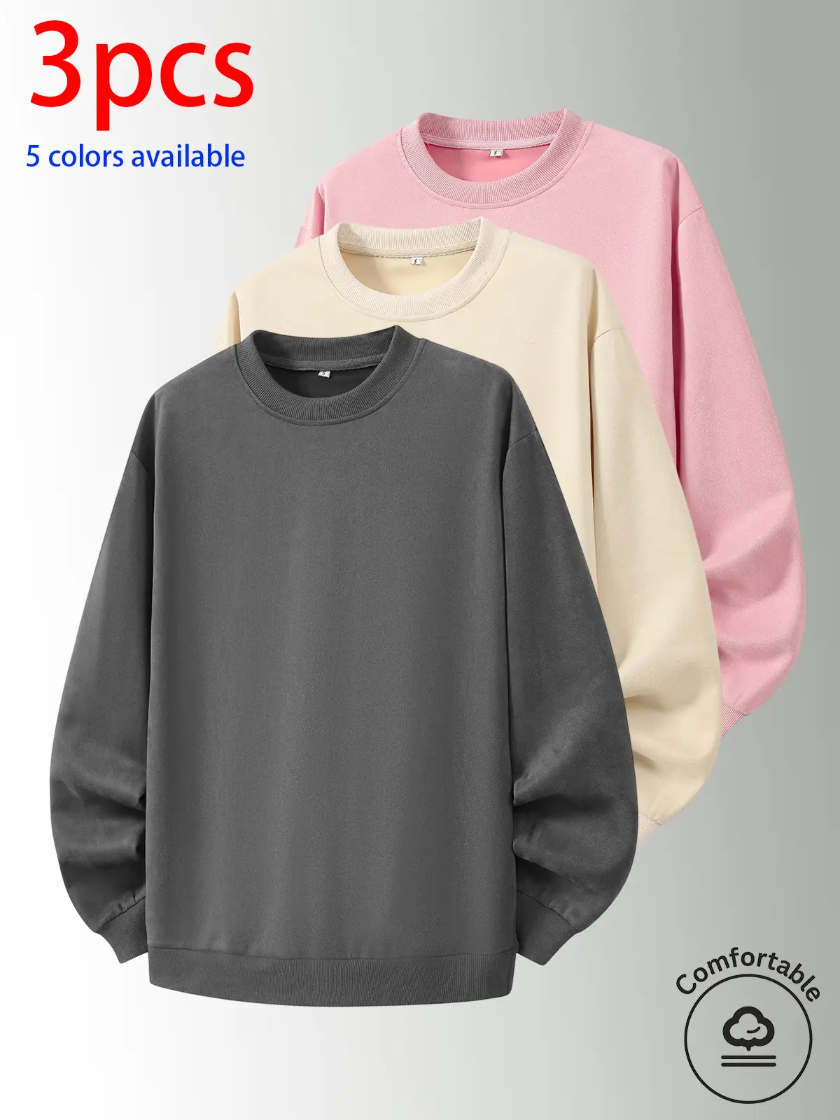 3-pack: men’s crewneck sweatshirt, men’s long-sleeve top, men’s pullover sweatshirt.Loose, comfortable fit; no print design; minimalist options available. Versatile for home, everyday casual wear, outdoor sports, campus, work, and commuting; suitable for