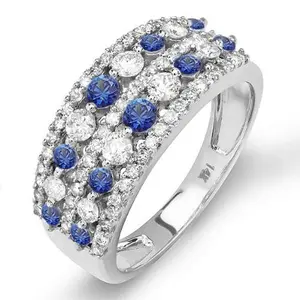 Dazzlingrock Collection Round Blue Sapphire & White Diamond Cluster Statement Anniversary Ring for Women in 14K Solid White Gold, Size 8