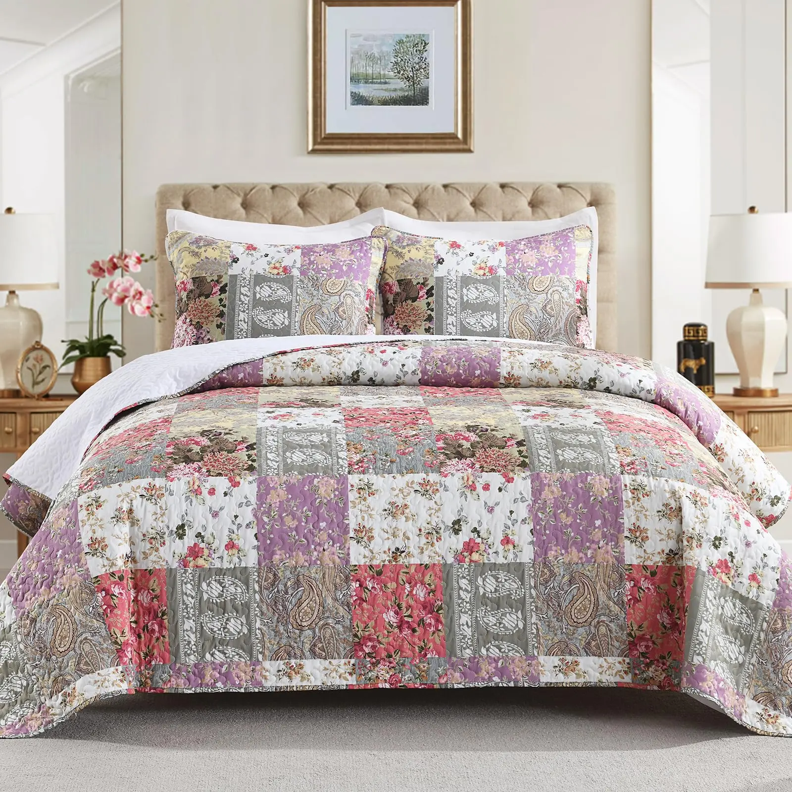 GREAGLE Brown Polyester Plaid Patchwork Summer Quilt with Shams