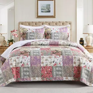 GREAGLE Brown Polyester Plaid Patchwork Summer Quilt with Shams