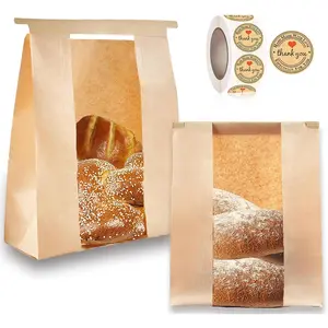 100 Pcs(13.7x8.2x3.5 in) Paper Bread Bags for Homemade Bread, Sourdough Bread Bags with Window, Sourdough Storage Bags for Bread Packaging includes 500 Cute Seal Stickers