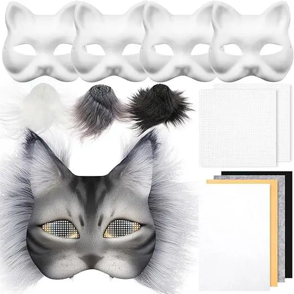 Therian Mask Kit Blank Cat Mask with Felt Fabric Sheet Plush Faux Fur Eye Mesh for Therian Gear Stuff