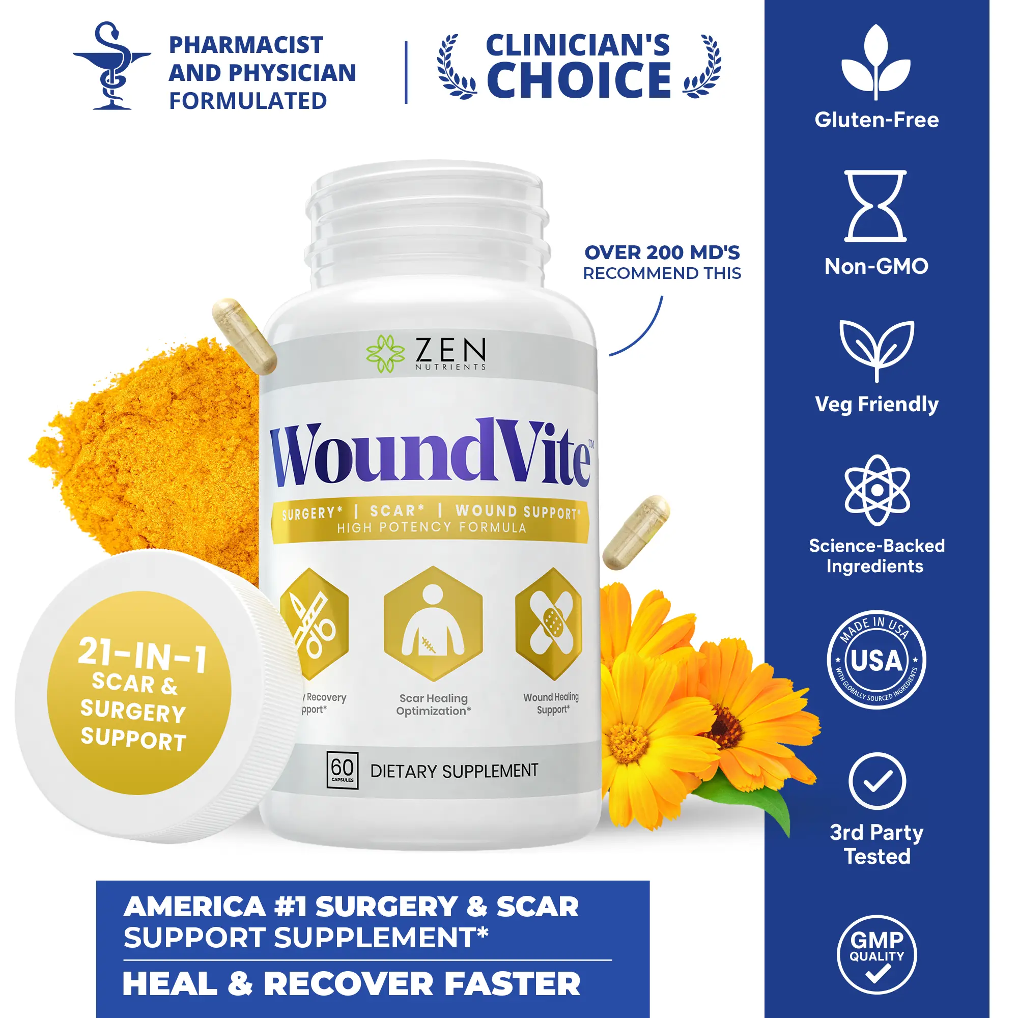 WoundVite | Pre & Post-Surgery Recovery & Scar Support Formula with Bromelain, Turmeric & Arnica for Healing & Skin Repair (60 Capsules)