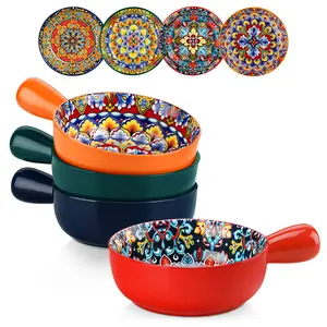 vancasso Soup Bowls with Handles, 23 Oz French Onion Soup Bowls Oven Safe, Bohemian Ceramic Soup Crocks for Cereal, Pasta, Beef Stew, Chilli, Microwave Dishwasher Safe-6.2 inch, Set of 4
