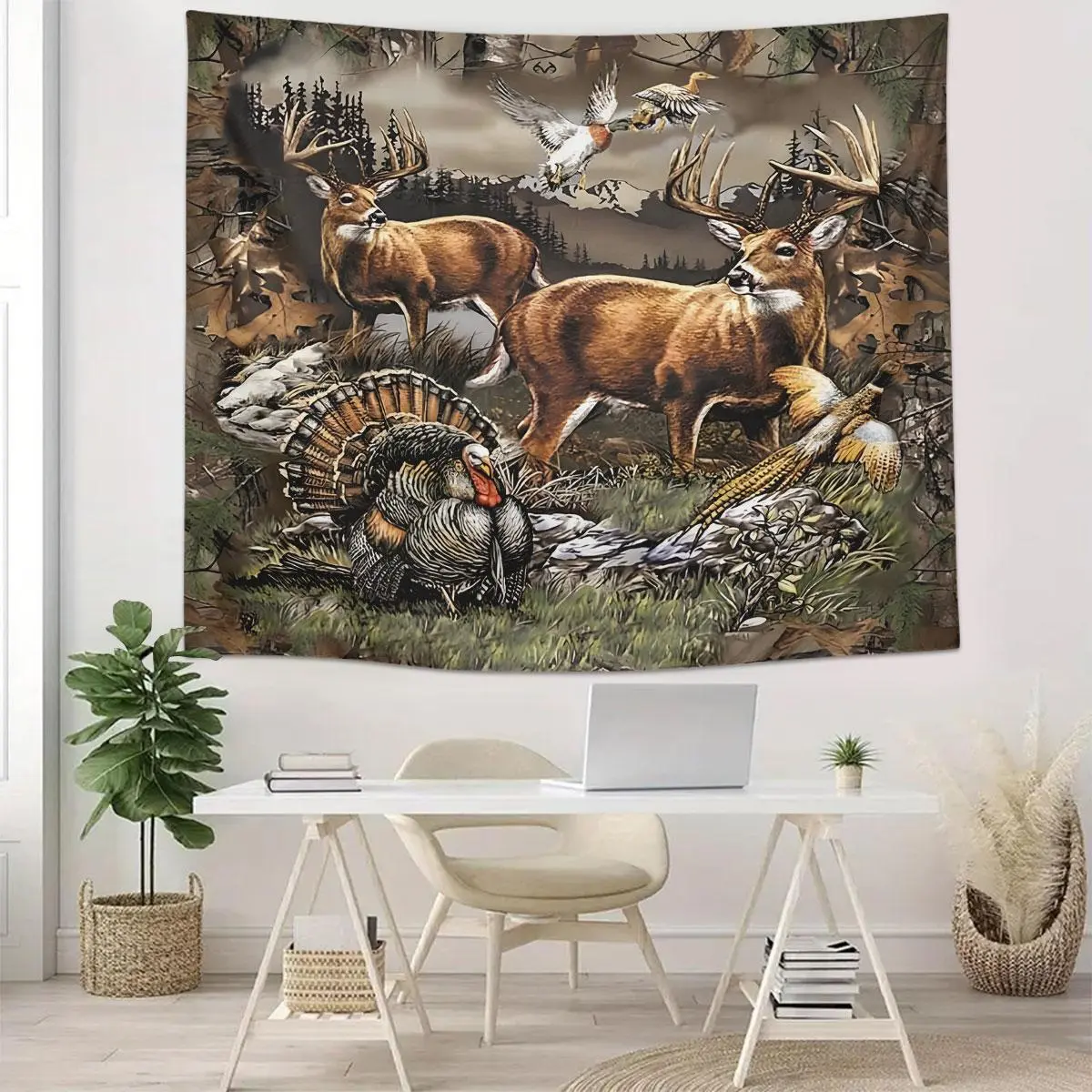 Outdoor Scene Tapestry, Durable Decorative Polyester Tapestry, Hunting Dog and Deer and Turkey Pattern Wall Hanging, Wall Art Decor for Home Living Room Bedroom, Wall Tapestries, Tapestry Wall Mural