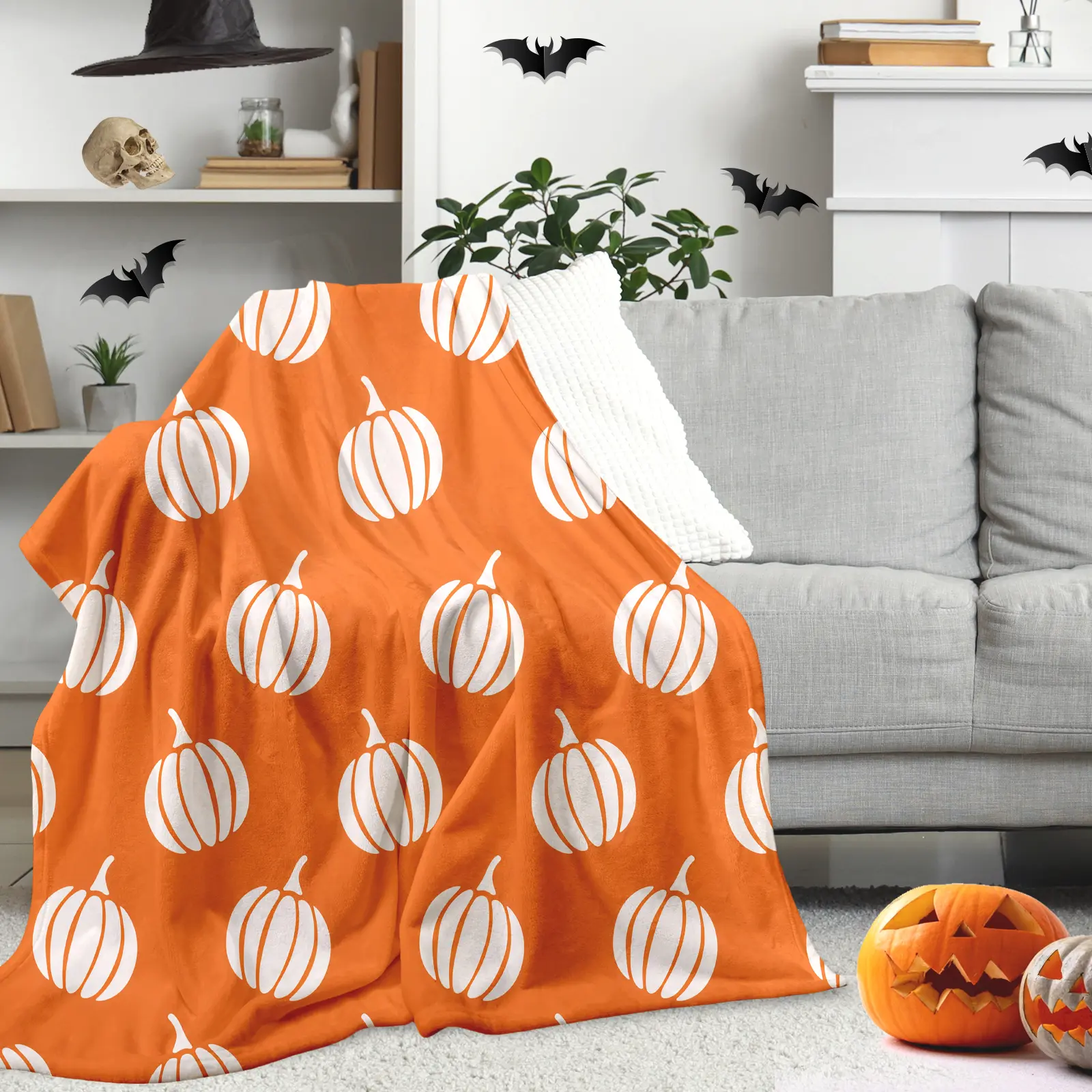 1-Piece Heavyweight Orange White Flannel Throw with Pumpkin & Slipknot Band Print - Polyester Fibers Microfiber Blanket, Machine Washable, Multi-Size (30*40 in, 50*60in-Medium for Teens) - Halloween Room Decor, All-Season Comfort Gift