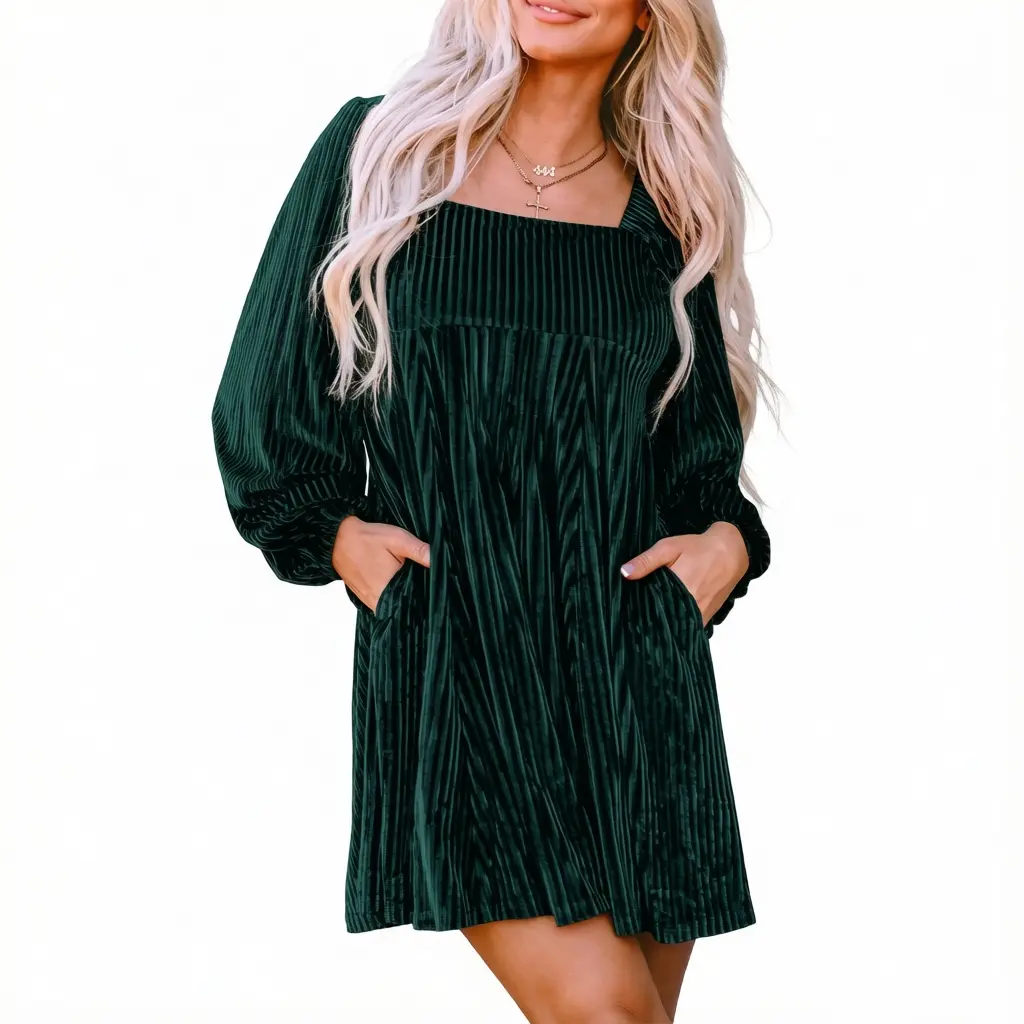 Asvivid Women's Tie Back Square Neck Velvet Babydoll Dress with Pockets for Spring Fall Fashion Long Sleeve Sweet Holiday Dresses Longsleeves Lady Womenswear Casual Wear
