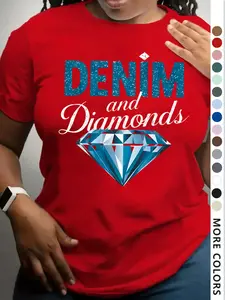 Women's Denim & Diamonds Print Round Neck Tee, Vintage Trendy Casual Fit Short Sleeve T-shirt for Everyday Wear, Ladies Summer, Top, Womenswear