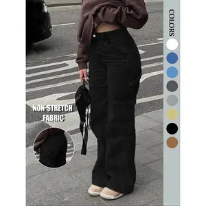 Women’s high-waisted work pants, 6-pocket straight-leg wide-leg jeans, casual loose pants GARMENTARY
