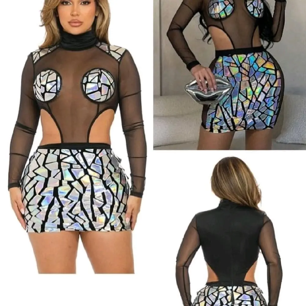 Holographic Cut Out Mesh Bodycon Dress - Casual Women's Wear with Mesh Design and Holographic Sequin Accents - Womenswear