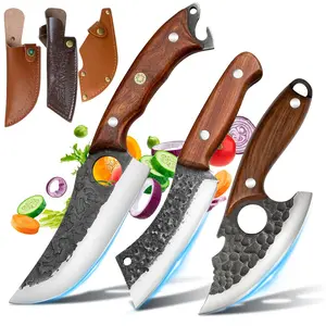 3PCS Kitchen Knife Set with Leather Sheaths, Forged Stainless Steel Chef Knives, Butcher Knife, Carving Knife & Paring Knife with Wood Handle for BBQ, Camping#fathersdaygift