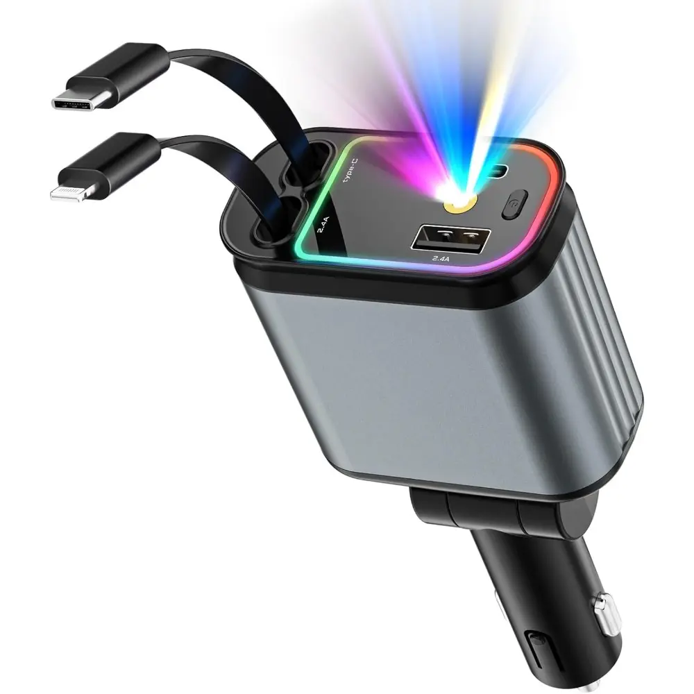 Car Charger with Starlight, 66W USB C Fast Car Chargers Adapter, 4 in 1 Retractable Car Charger with 2 USB Ports Car Phone Chargers For iPhone 16,iPhone 15,iPhone 14,iPhone 13,iPhone 12,iPhone 11,Andriod (Dark Grey)