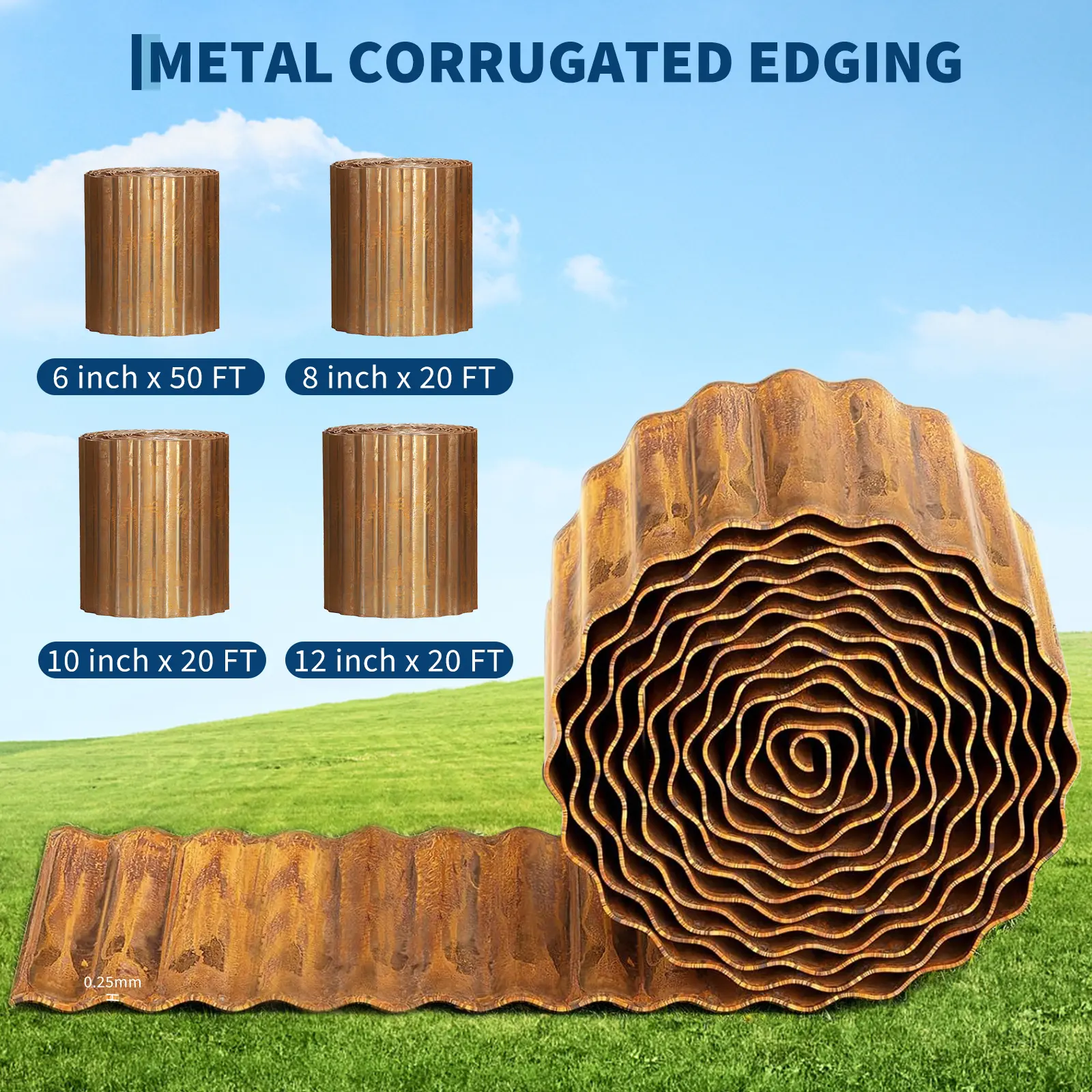 Corrugated Steel Garden Edging - Robust & Weather-Resistant Landscaping Strip, Easy DIY Install, Ideal for Gardens, Multiple Sizes (20, 25, 30X600 Cm)