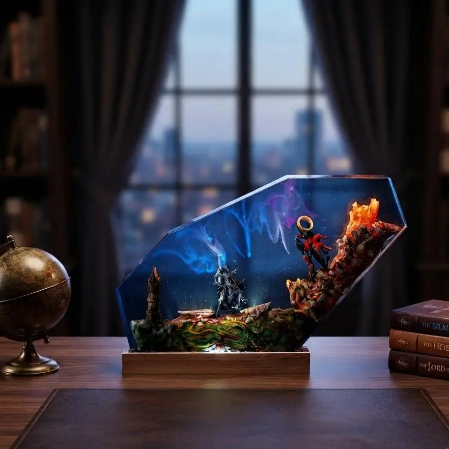 Handcrafted Epoxy Resin Wood  Sauron and Mount Doom Night Light Middle-earth Epic Battle Art Lamp with Remote Control USB Powered Unique Fantasy Home Decor Bedroom Aesthetic Desk Light Collectible Gift for Fans