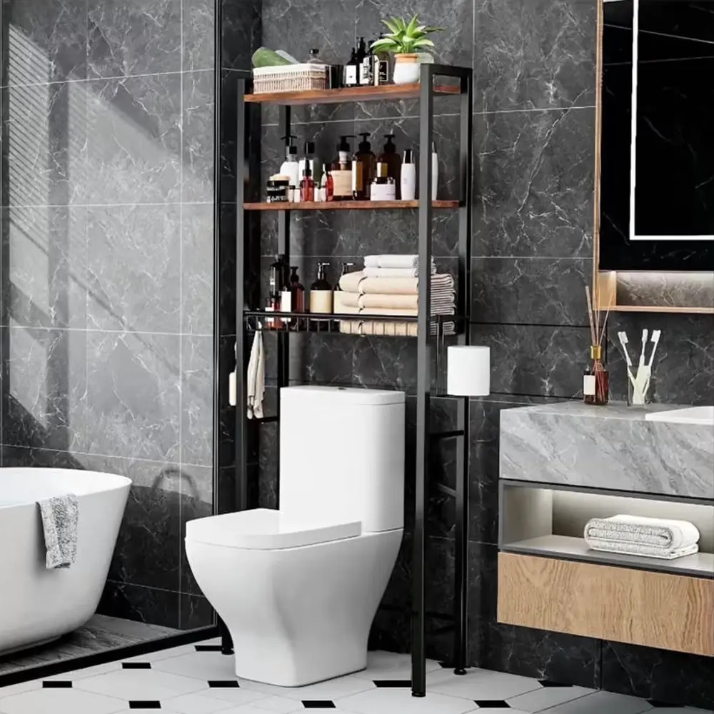Metal 3-Tier Adjustable Over-The-Toilet Storage Rack - Over-Toilet Standing Shelf Units, Bathroom Organizer with Paper Holder, 3 Hooks for Space Maximization, Organizer Rack Standing Shelf Units, Tiered Organizer Standing Shelf Units