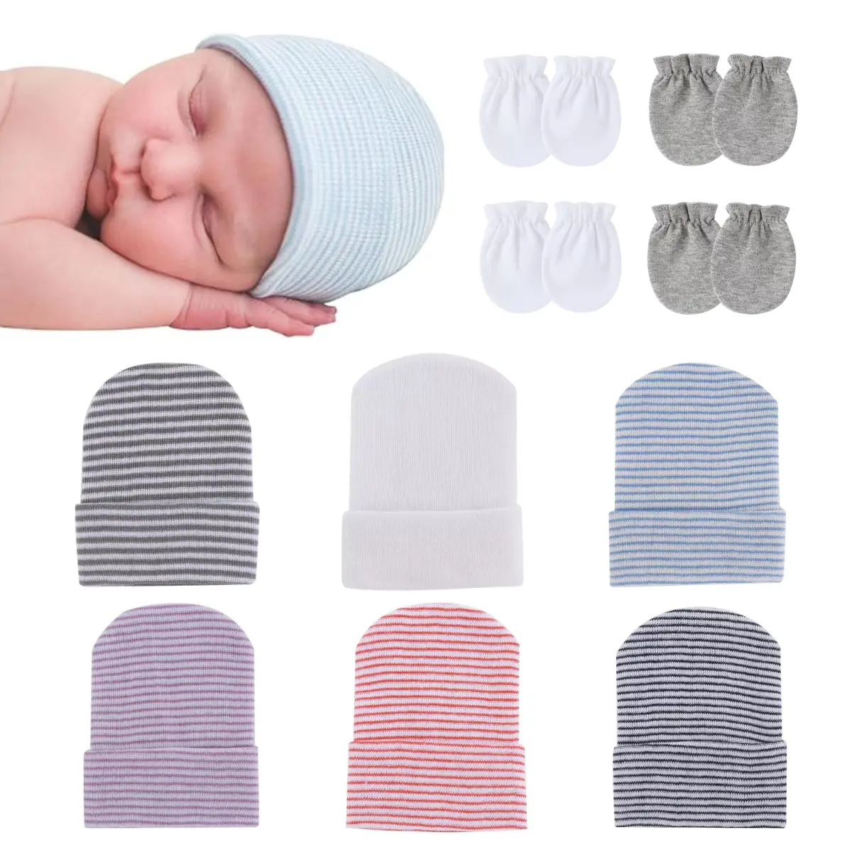 10-Piece Newborn Baby Hat & Mitten Set, 6 Soft Cotton Beanie Caps + 4 Pairs No-Scratch Mittens, Breathable Infant Essentials for Boys & Girls 0–6 Months, Hospital & Daily Wear