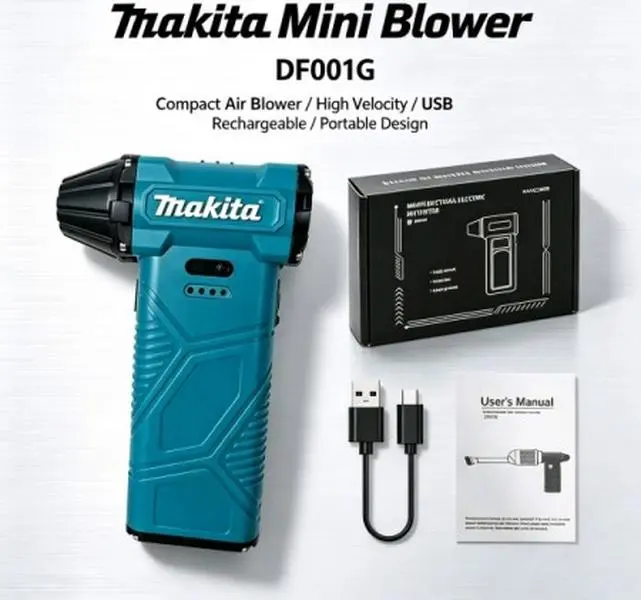 Makita Compact Cordless Blower Handheld Cleaning Tool Kit - 3 Adjustable Airflow Settings, Blow-Vacuum Design, Standard Nozzle, Dust Bag for Construction Workshops, Household Upkeep