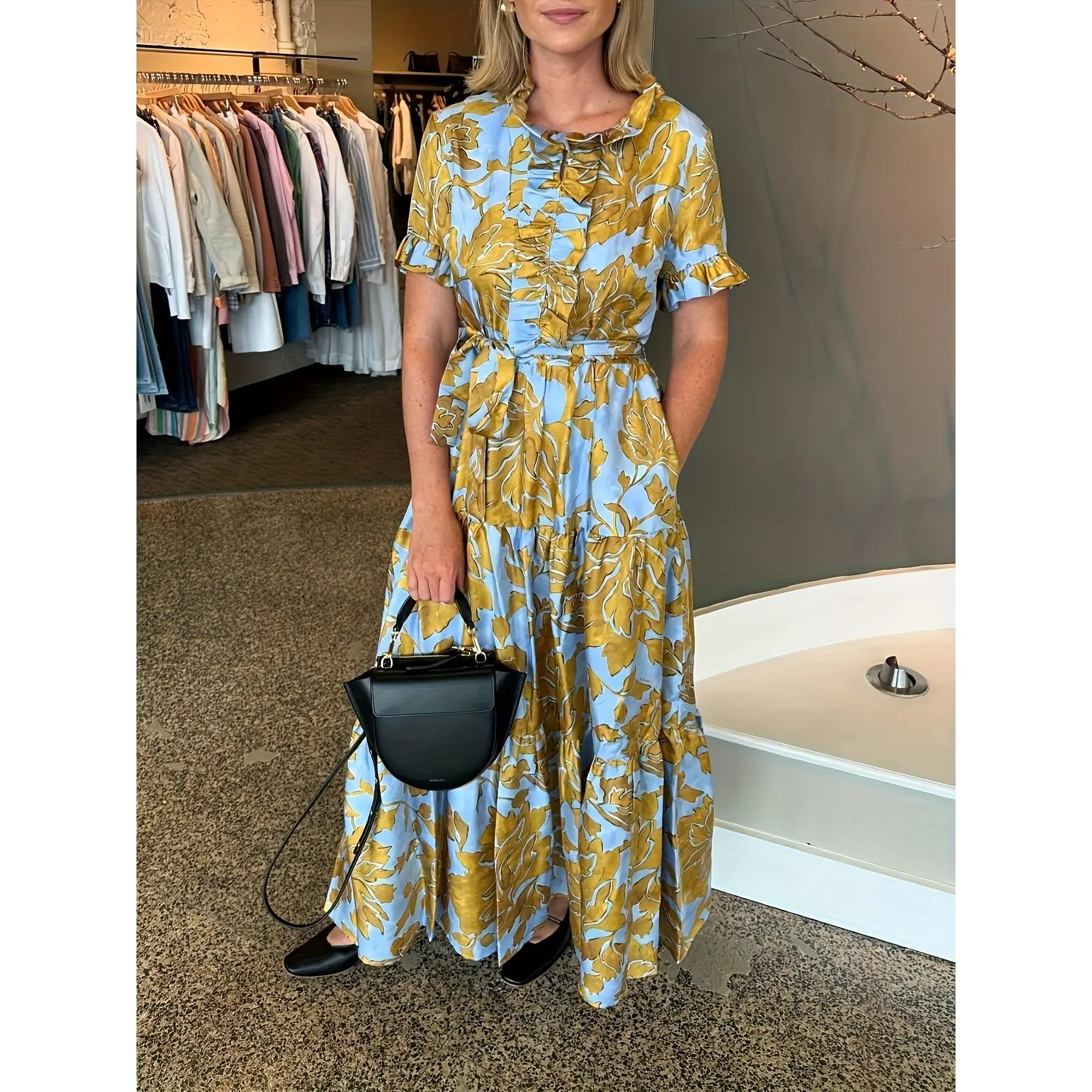 Women's Blue Floral Print Adjustable Short-Sleeve Elegant Fit Casual Maxi Dress - Ruffle V-Neck, Belt, Soft, Slimming, Flowing, Pockets, Tiered Skirt, Colorblock for Party, Vacation