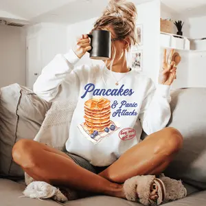 Pancakes and Panic Attacks, Funny Retro Design, Vintage Style T-Shirt, Mental Health, Anxiety, Unisex Crewneck Sweatshirt long sleeve