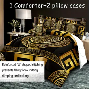 Metallic Pattern Black and Gold Background Fabric Line Light Luxury Polyester Printed Quilt Core Three-Piece Set Suitable for Bedroom and Guest Room 1 Quilt Core + 2 Pillowcases