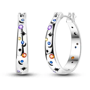 MULA Women's Cosmic Star Moon Hoop Earrings - Silver-Plated, Enamel-Coated Colored Zirconia, Whimsical Fantasy-Themed Stellar Night Celestial Unique Costume Jewelry, Ideal Gift, Whimsical Earrings, Fantasy-Themed Earrings