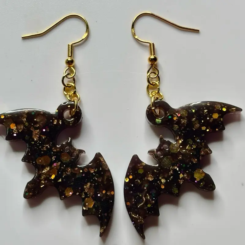 Bats Hook Earrings - Unique Design with Chain Attachment Hypoallergenic UV Resin for Halloween & All-Day Wear