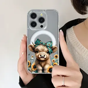 Highland beef and sunflower Magnetic Phone Case for iPhone 17 Pro Max Air 16 16e 15 14 Plus 13 12 11 X XS Pattern MagSafe Transparent Acrylic Back TPU Edges Drop-Proof Lightweight Cover Valentine's Day Gift 2D printing