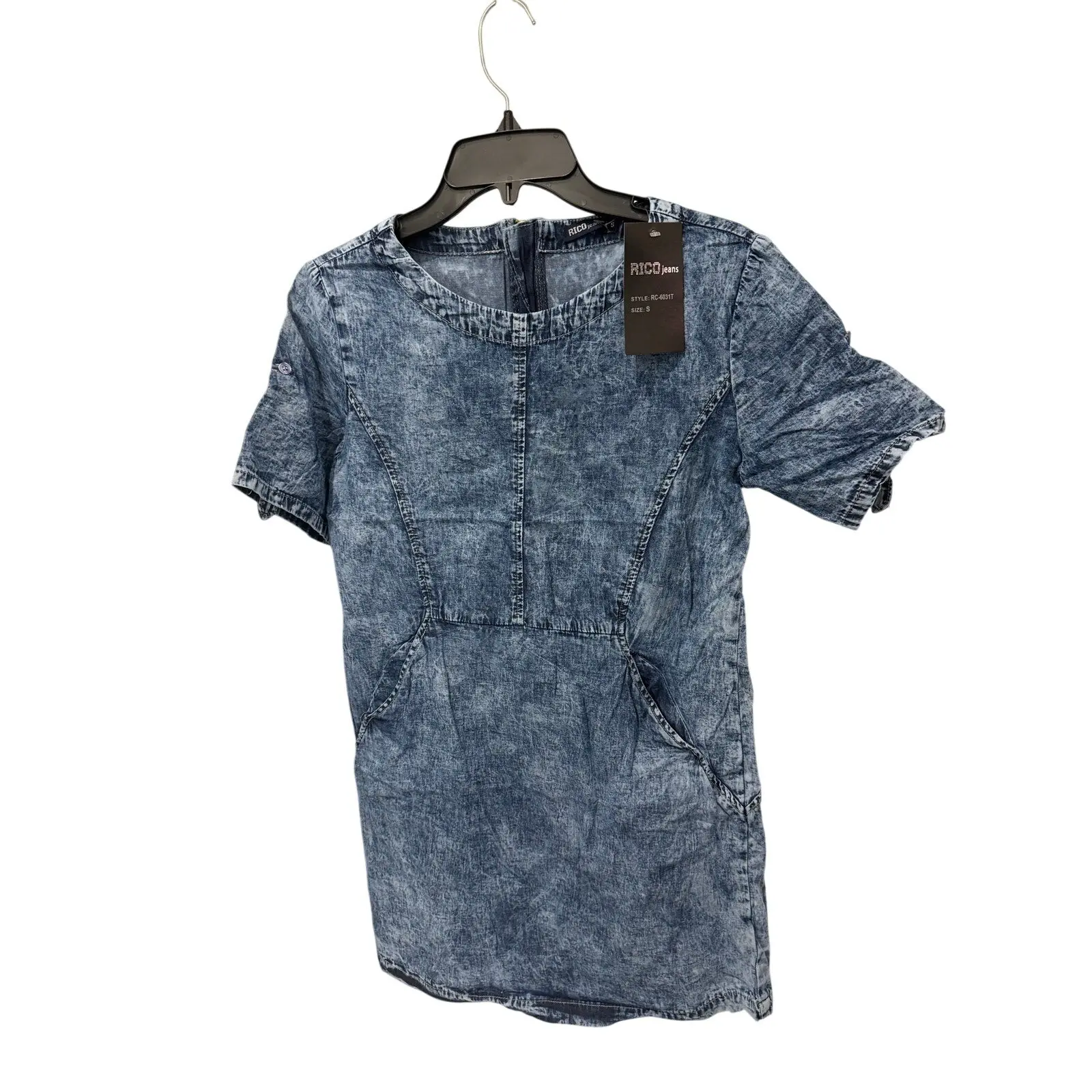 Women's Vintage Short-Sleeve Denim Streetwear Dress - RICO Jeans Design, Zipper Feature, Size S, Shortsleeve