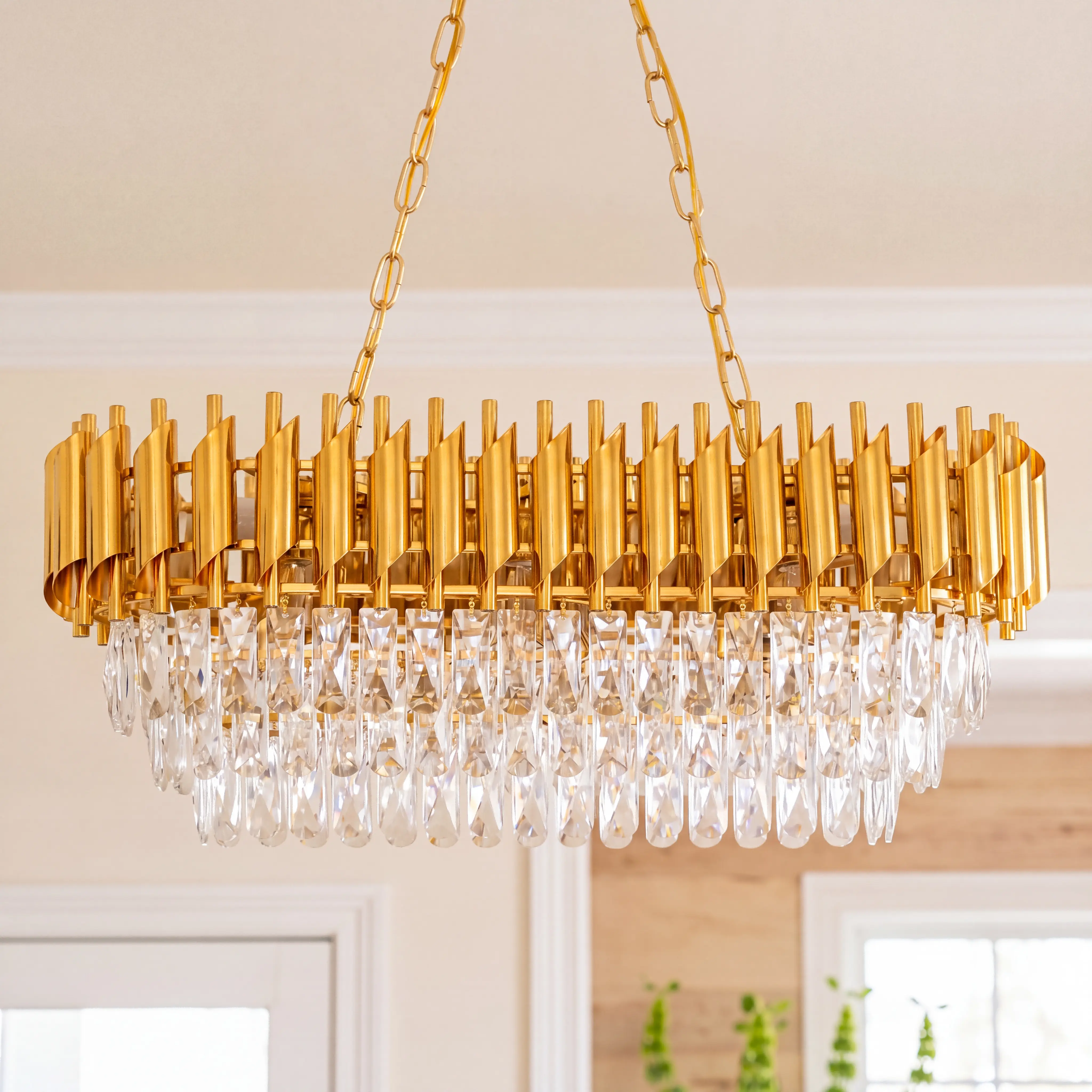 Modern Gold Crystal Chandelier - 3-Tier Linear Raindrop Pendant Light, Dimmable Adjustable Chain Hanging Fixture, Luxury Glam Indoor Home Lighting for Kitchen Island, Dining Room, Bulbs Not Included, Dimmable Lighting, Pendant Lights Kitchen