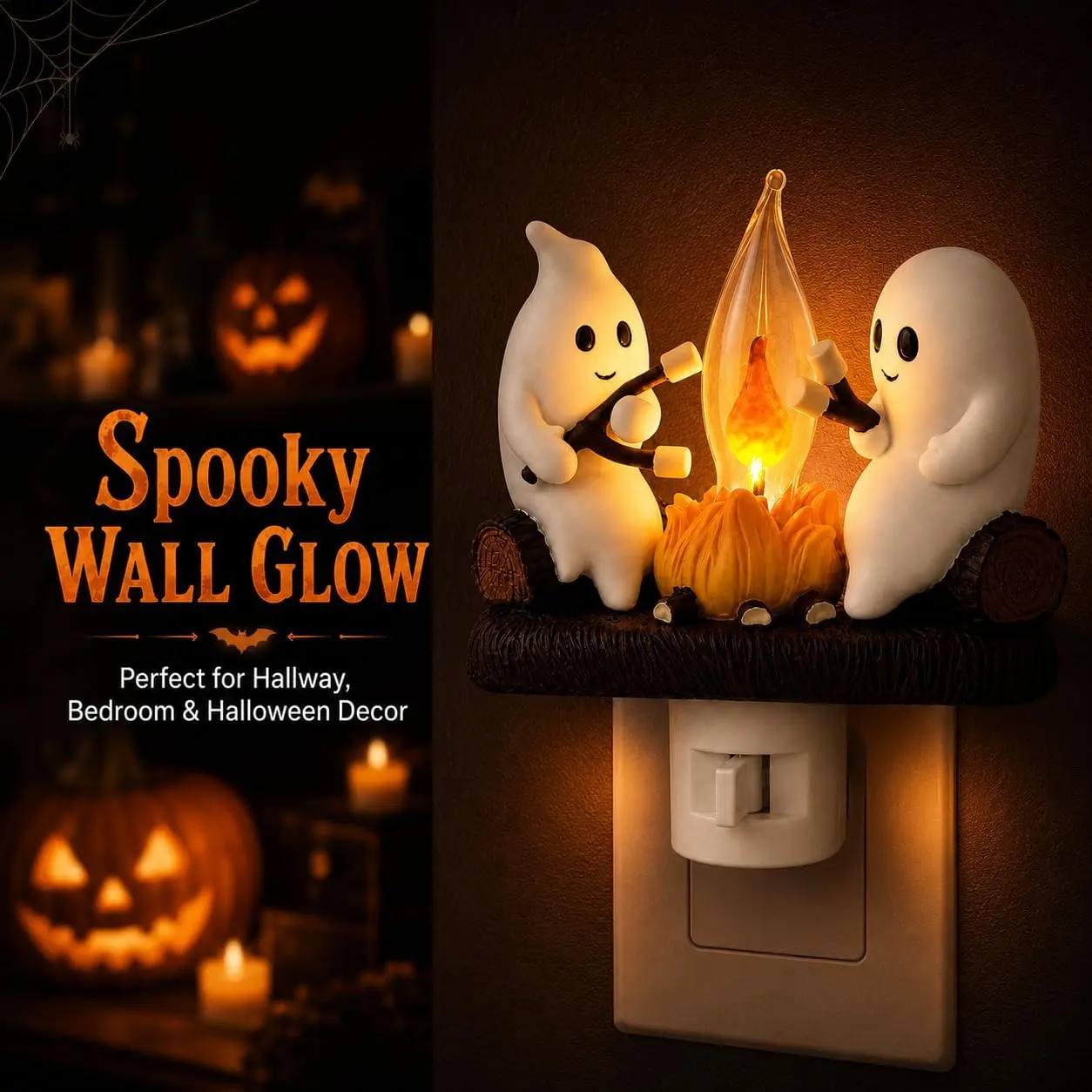 Resin Ghost Campfire Night Light - Plug-in Wall Flicker Flame Nightlight, Compact Spooky Theme Halloween 3D Cute Marshmallow Ghost Decoration for Bedroom, Home Decor, Whimsical Home Decor