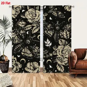 Gothic Semi-Sheer Blackout Curtains 2-Pack with Vintage Floral Rose and Moth Pattern, Classic Elegant Home Decor for Bedroom and Living Room