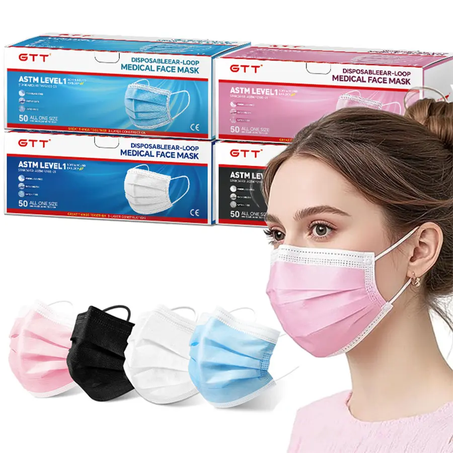 Disposable Adult Non-Woven Breathable Dust-Free PPE Masks (100/200Pcs) - Black, White, Pink, Blue - 3-Layer, ASTM Level 3, P100 Filtering - Universal Healthcare Protection for Hospital, Office Essentials