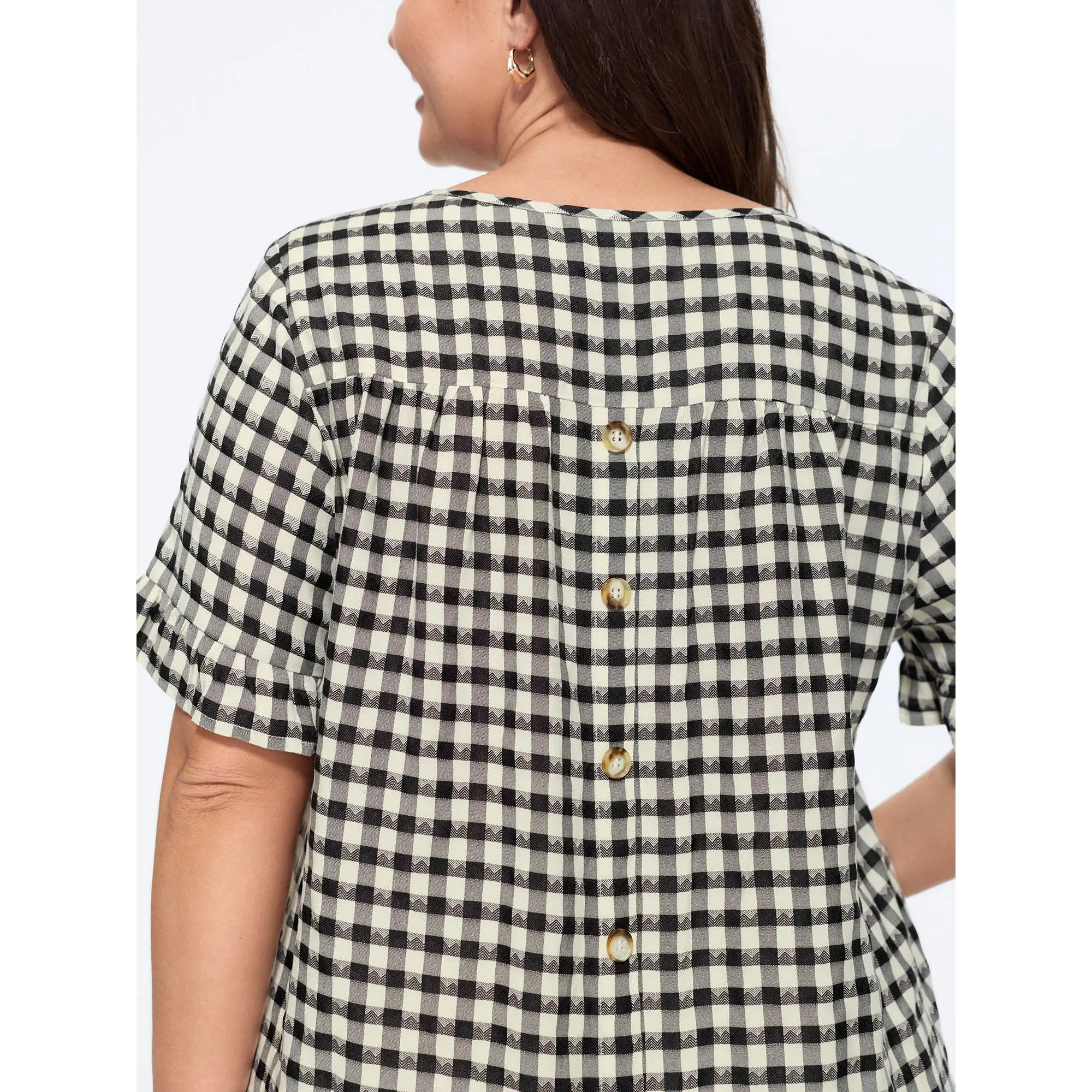 BLOOMCHIC Women's Plus Size Shortsleeve Gingham Print Blouse - Smooth Polyester Fabric, Ruffled Detail, Arc Hem, Garment [M-6X] Summer Finds, Button Front, Casual, No, Plaid, Shirts, Plus Size Clothes, Comfy Casual, Gingham Style, Do Not Tumble Dry