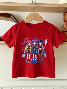Summer Fashion Girls' T-Shirt, Kpop Cartoon Print, Slim-Fitting Round Neck, Casual Short Sleeve, Comfortable for Outdoor Activities
