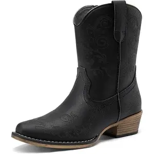 DREAM PAIRS Women's Classic Lightweight Cowboy Footwear - Denim Western Ankle Boots, Low Block Heel, Square Toe, Fall Short Shoes