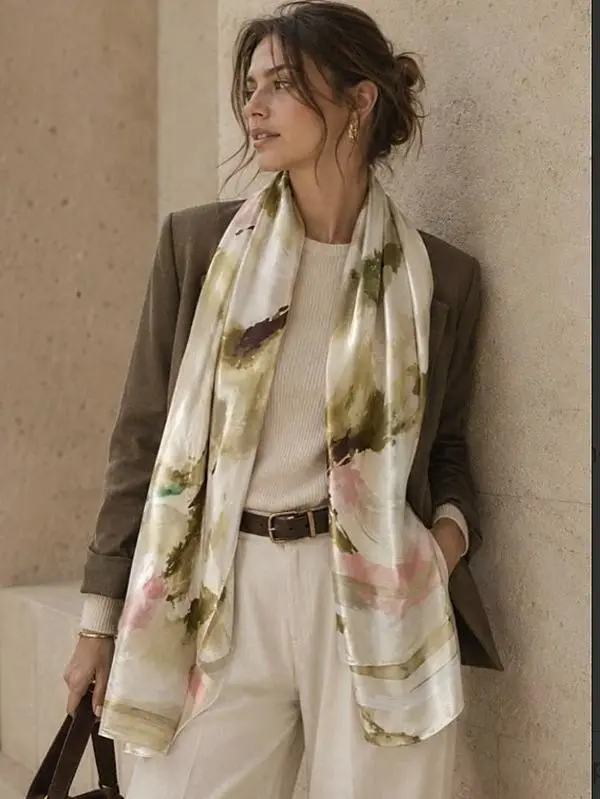 Cottage Window Silk E-Scarf – 34x71" Elegant Multicolor Wrap – Olive, White & Pink – Head, Neck & Waist Scarf