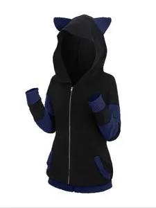 【Plus Size】 3D Ear Design Colorblock Zipper Hooded Coat, Casual Long Sleeve Pocket Outerwear for Spring & Fall, Women's Clothes for Daily Wear, Womenswear