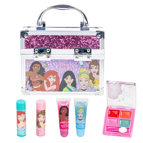 Disney x Townley Girl Sensitive Cosmetic Mini Train Case Makeup Bundle Box - Gentle, Shimmering Olive Oil-Infused Glossy Lip Essentials (Tube, Balm, Compact) - Children's Back-to-School Surprises, Party Favors