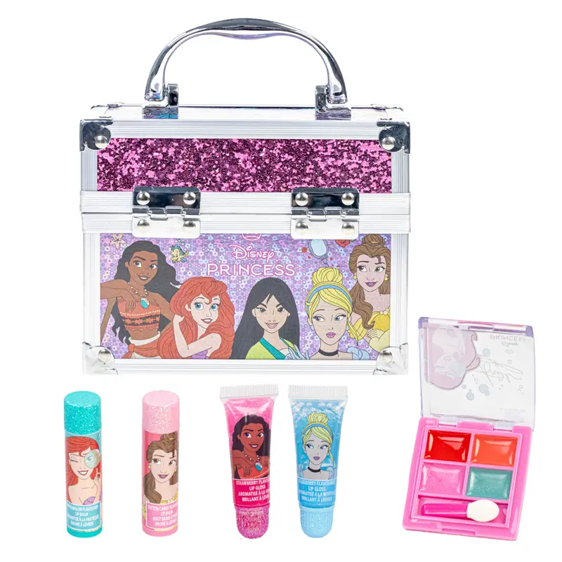 Disney x Townley Girl Sensitive Cosmetic Mini Train Case Makeup Bundle Box - Gentle, Shimmering Olive Oil-Infused Glossy Lip Essentials (Tube, Balm, Compact) - Children's Back-to-School Surprises, Party Favors